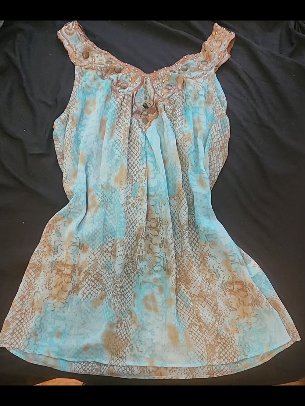 Sienna Sky Blue & Tan Sleeveless Chiffon Camisole with Embellished Neckline